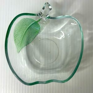 Art Glass Apple Bowl KIG Textured Green Leaf Dessert Trinket Dish Indonesia Vntg